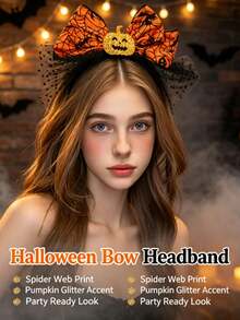 1PC Halloween Pumpkin Headband - Bright Orange Spider Web Bow, Unisex Resin Mesh Headpiece, Adjustable Size, Suitable For Holiday Costume And Photography Props, Party Accessory - Multicolor - View 9