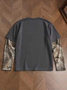 Krometka Men's American Hip-Hop Style Rhinestone Lips Chain Print 2-In-1 Long Sleeve T-Shirt, Leaf Camouflage Patchwork Loose Drop Shoulder Crew Neck Top - Grey - View 5