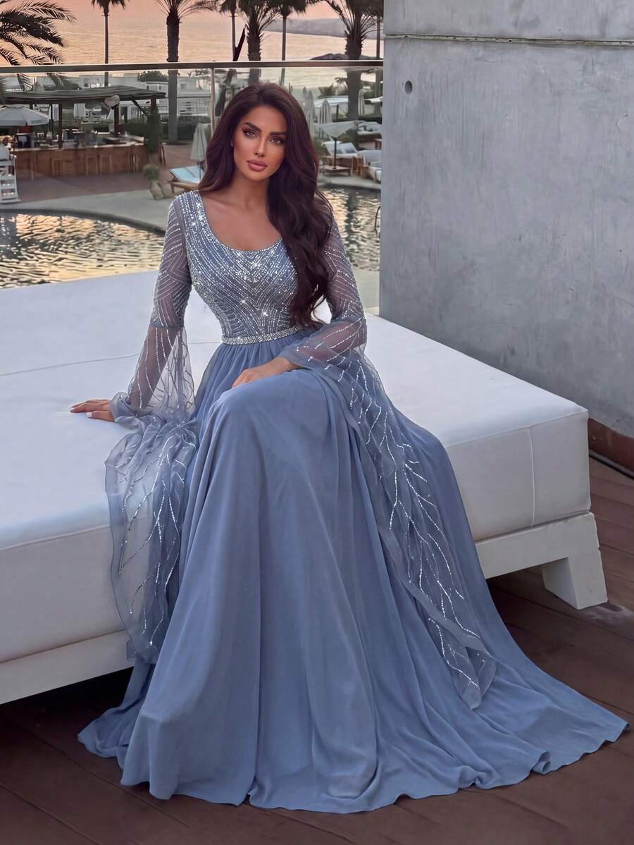 Elegant Women's Long Formal Gown, Round Neck Beaded Bodice, Flare Sleeve Chiffon, Suitable For Ball And Evening Party Occasions - Dusty Blue - View 1