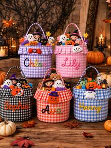 刺繡個性化姓名萬聖節 Trick Or Treat 糖果袋/桶/籃，客製化字母刺繡，萬聖節托特包，美感萬聖節 - 彩色 - 查看 4