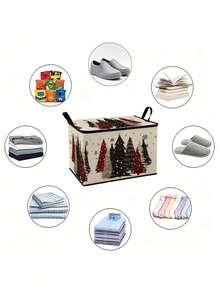 Zippered Storage Box Featuring A Christmas Tree Design; Hand-Painted Motifs Of Pine Trees, Snowflakes, Stars, And Vintage Winter Holiday Patterns In Red, Black, And Silver; A Collapsible Storage Basket/Bin With Handles, Suitable For Home Organization - Multicolor - View 10
