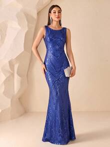 XUCTHHC Elegant Sleeveless High Elasticity Geometric Sequin Mermaid Formal Ball Gown, Birthday And Wedding Guest Evening Dress, Autumn - Royal Blue - View 4