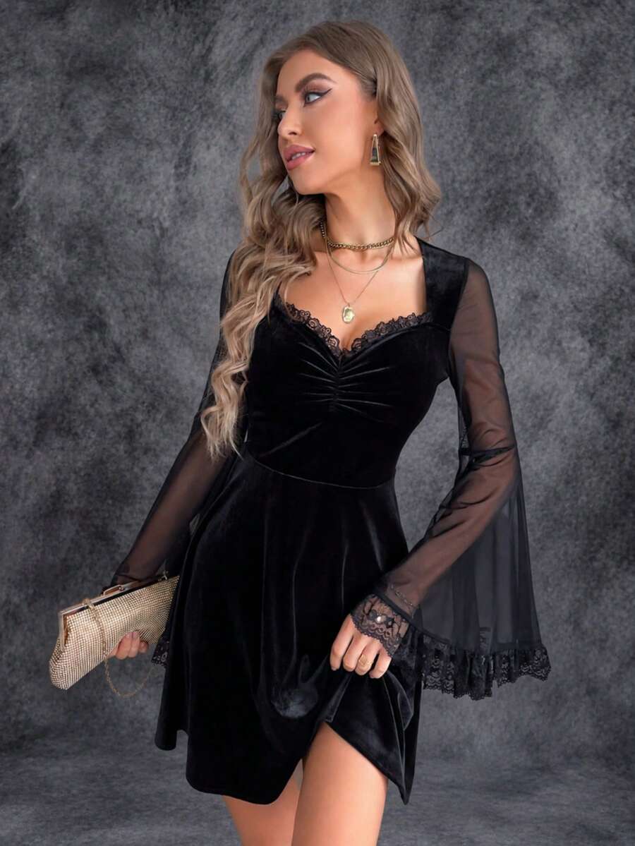 Contrast Mesh Flounce Sleeve Lace Trim Ruched Bust Dress Black Elegant Fall - Black - View 1
