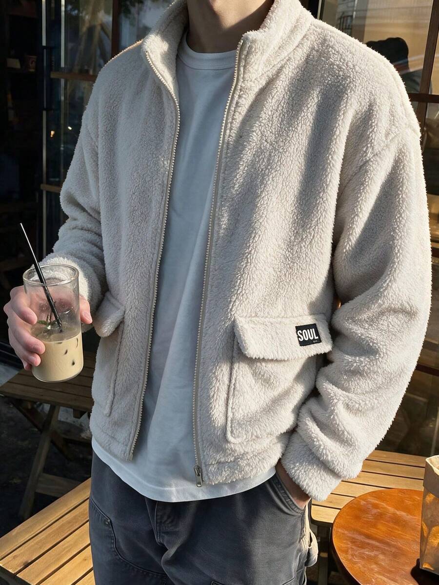 Men's Casual Fashion Double-Sided Fleece Warm Solid Color Street Style Stand Collar Pocket Decor Commute Essential Long Sleeve Sweatshirt - Apricot - View 1