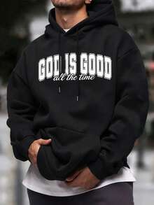 男士秋冬美式勵志 GOD IS GOOD 信仰標語印花黑色保暖內裡連帽衛衣，基督教主題連帽上衣 - 黑色 - 查看 3
