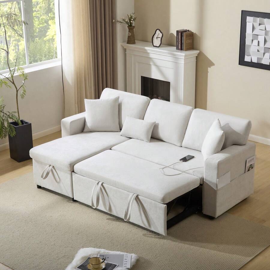 Hörnsoffa bäddsoffa L-formad utdragbar soffsäng med förvaringslåda och inbyggd hylla, beige - Beige + Flanell + 4-sits - Visa 1