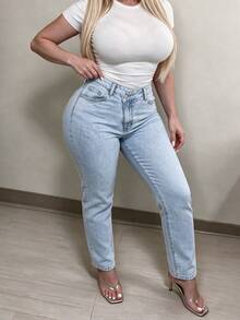 Jeans American Vintage Style High Waist Straight Leg Pants Light Blue Washed Slimming Design Plus Size Women Daily Commute / Casual Streetwear - Blue - View 5