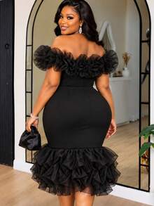 Plus Size Black Off Shoulder Ruffle Mermaid Dress Women Mesh Patchwork 3D Floral Fashion Bodycon Evening Elegant Wedding Party Night Out Dresses - Black - View 7