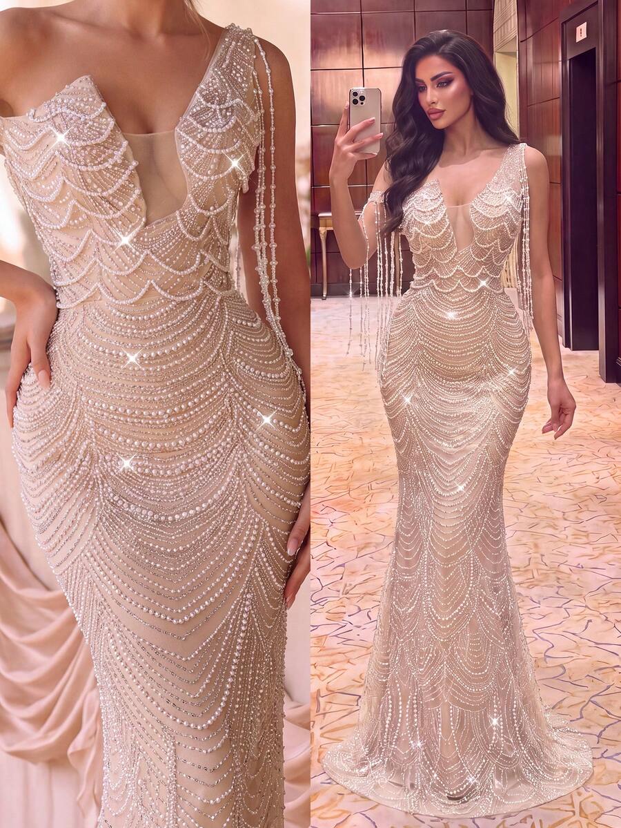 Glamorous Women's Sleeveless Cold Shoulder Sequin Mermaid Dress, Elaborate Long Formal Gown With Beaded Fringe And Zipper For Special Occasions