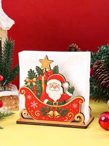1Pc Wooden Santa Sleigh Napkin Holder, Christmas Gift Box Tissue Rack, Standing Tabletop Decor For 2026 Xmas Holiday Dining Table Kitchen - Multicolor - View 4