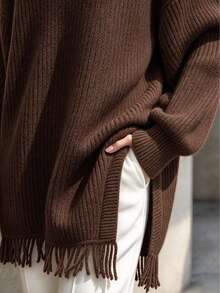 Plus Size Women's Brown Knit Sweater With Turn-Down Collar, V-Neck, Tassel Hem, Loose Fit, Dropped Shoulders, Thick Ribbed Pullover - Coffee Brown - View 4