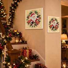 2D Flat, 1pc PVC Material Christmas Pearl Painting, Waving Santa Claus In Holly Wreath Pattern, Pearl Art Tabletop Stand Ornament, Holiday Home Table & Wall Decoration, Christmas Gift - View 8