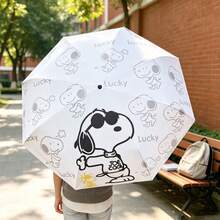 1pc Fully Automatic Snoopy Print Sun Umbrella, UV Protection, Black Coating, Portable Folding Umbrella For Sun And Rain - White - View 4