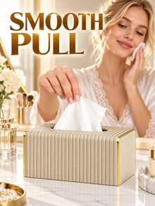 Multi-Functional Desktop Tissue Box Pu Leather Striped Tissue To All Mod Gold-Edged Tissue Box In Tabletop Decoration In Dining Living Room Office Desk Kitchens Decoration Accessory Organization Bedroom Home Decor Car Accessories Apartment Essential - Multicolor - View 10