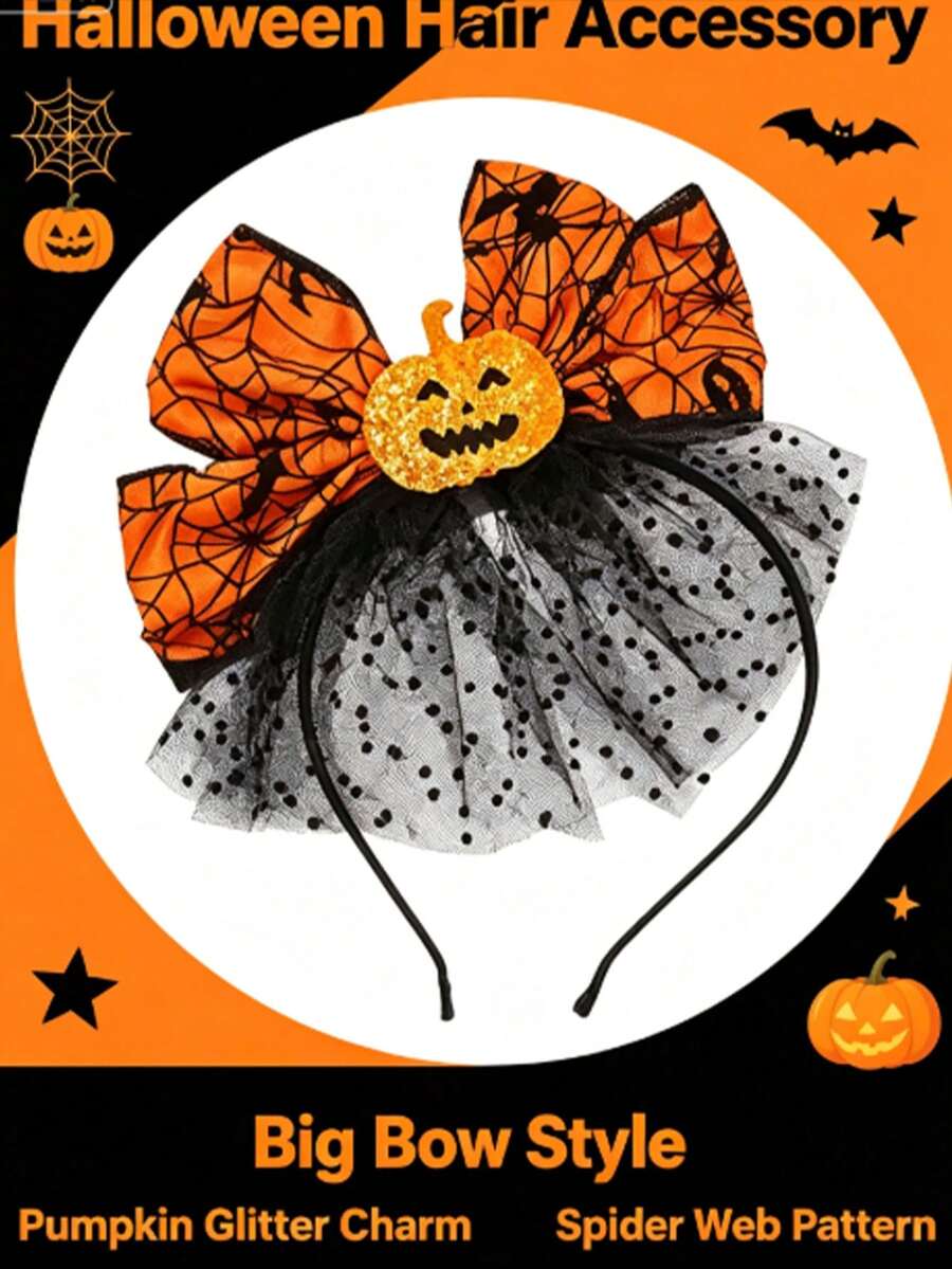 1PC Halloween Pumpkin Headband - Bright Orange Spider Web Bow, Unisex Resin Mesh Headpiece, Adjustable Size, Suitable For Holiday Costume And Photography Props, Party Accessory - Multicolor - View 1