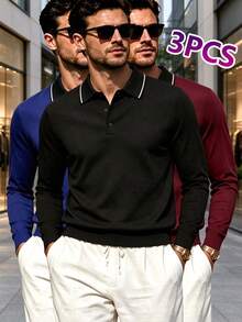 3pcs/Set Kaos Polo Olahraga Pria Lengan Panjang Berkerah Atasan Lapisan Dasar - MultiWarna - View 1