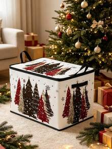 Zippered Storage Box Featuring A Christmas Tree Design; Hand-Painted Motifs Of Pine Trees, Snowflakes, Stars, And Vintage Winter Holiday Patterns In Red, Black, And Silver; A Collapsible Storage Basket/Bin With Handles, Suitable For Home Organization - Multicolor - View 1