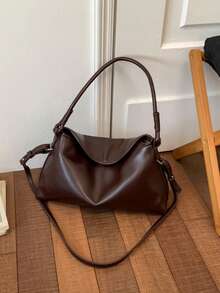 Women Dark Brown PU Shoulder Bag,Vintage Hobo Shape With Curved Handle & Side Buckles,Leather Texture,Retro Chic Style For Daily Commute,Work,Autumn - Coffee - View 9