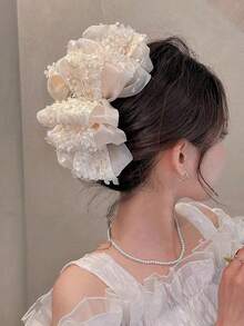 1pc 13cm Bubble Mesh Pearl Design Multi-Layer Bowknot Oversized Hair Claw Clip For Women, Elegant Style, Suitable For Daily Wear - Beige - View 8