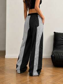 Women's Colorblock Wide Leg Track Pants, High Waist Drawstring Loose Fit Streetwear Trousers With Contrast Panel Design And Casual Style - Grey - View 6