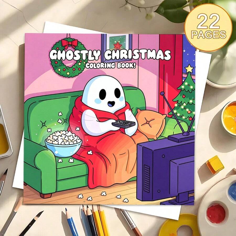 Ghostly Christmas Coloring Book, Cute Ghost Xmas Tree Wreath Indoor Winter Holiday Coloring Pages For Adults Teens Kids, Large Print Simple Line Art, Stress Relief Relax Activity Book, Xmas Holiday Gift - Single Piece - View 1