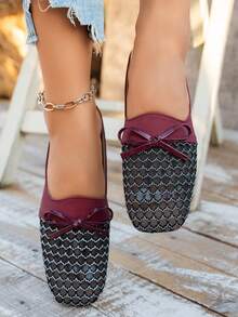 Women's Breathable Mesh Wave Print Bow Decor Square Toe Full Coverage Flat Mary Jane Shoes, Vintage Casual Daily Summer Burgundy PU Mesh Slip-On - Black - View 2