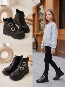 1 Pasang Sepatu Bot Pendek Anak Perempuan Warna Hitam, Tali Ganda dengan Gesper Persegi Berhiaskan Berlian Imitasi & Hiasan Bunga, Gaya Manis & Keren untuk Anak-anak, Sepatu Bot Harian Serbaguna untuk Musim Gugur/Musim Dingin untuk Anak Perempuan - Hitam - View 9