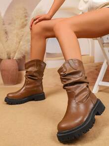1 Pair Women's Bohemian Multi-Layer Tassel Mid-Calf Boots, Suede Hollow-Out Buckle Side Zipper Western Style Ankle Boots - Brown - View 1