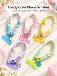 Candy Color Short Phone Lanyard, Woven Strap With Floral Pendant Highly Attractive Phone Wrist Strap, Cute Flower Pendant Anti-Loss Anti-Drop Phone Lanyard (With Connection Patch), Universal Phone Case Hanging Chain, Can Be Used For Keys, Camera Portable Accessories, Macaron Fresh Color Scheme - Multicolor - View 3