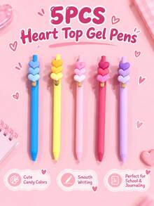 5pcs Cute 3D Heart Decoration Retractable Ballpoint Pens, Candy Color Girly Stationery Set, Creative Sweet Multicolor Pens, Suitable For Students Learning, Office Writing, Journaling, Valentine's Day Gift And Birthday Gift. - Sets - View 1