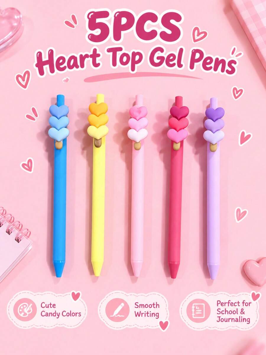 5pcs Cute 3D Heart Decoration Retractable Ballpoint Pens, Candy Color Girly Stationery Set, Creative Sweet Multicolor Pens, Suitable For Students Learning, Office Writing, Journaling, Valentine's Day Gift And Birthday Gift. - Sets - View 1