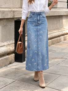 Solid Color Casual Denim Effect Print Faux Pocket Skirt For Vacation And Daily Wear, All Seasons - Navy Blue - View 5