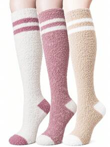 1 Pair/3 Pairs Women's Striped Fuzzy Knee-High Socks, Super Soft Coral Fleece Material, Fluffy Long Socks, Suitable For Warm And Comfortable Home And Sleep Wear In Winter - Multicolor - View 4