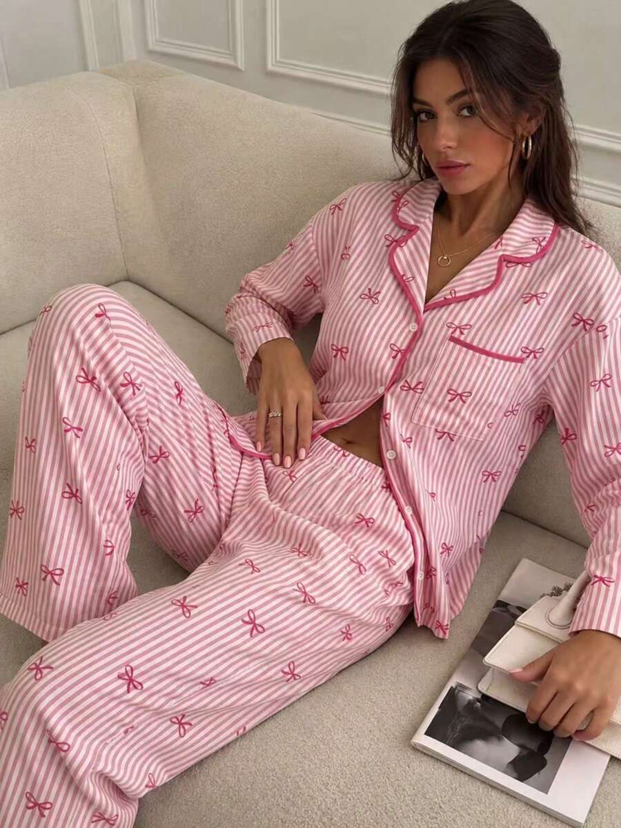 Nina Bonheur 2pcs/Set Women's Loose Comfortable Breathable Long Sleeve Top + Long Pants Cute Pajama Set