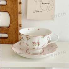 2D Pink Rabbit Coffee Cup And Saucer Set, Vintage Korean Style Cup And Saucer Set, Vintage Korean Cute Girl Style Decorative Ornament. - Pink - View 1