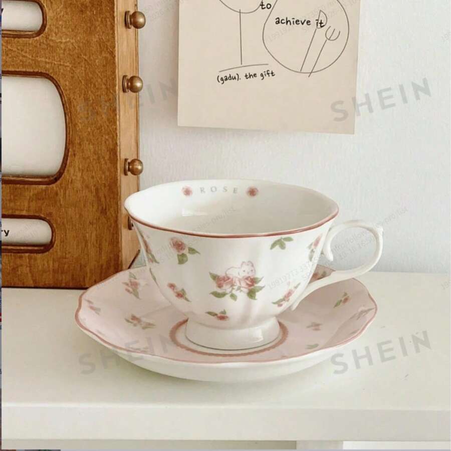 2D Pink Rabbit Coffee Cup And Saucer Set, Vintage Korean Style Cup And Saucer Set, Vintage Korean Cute Girl Style Decorative Ornament. - Pink - View 1