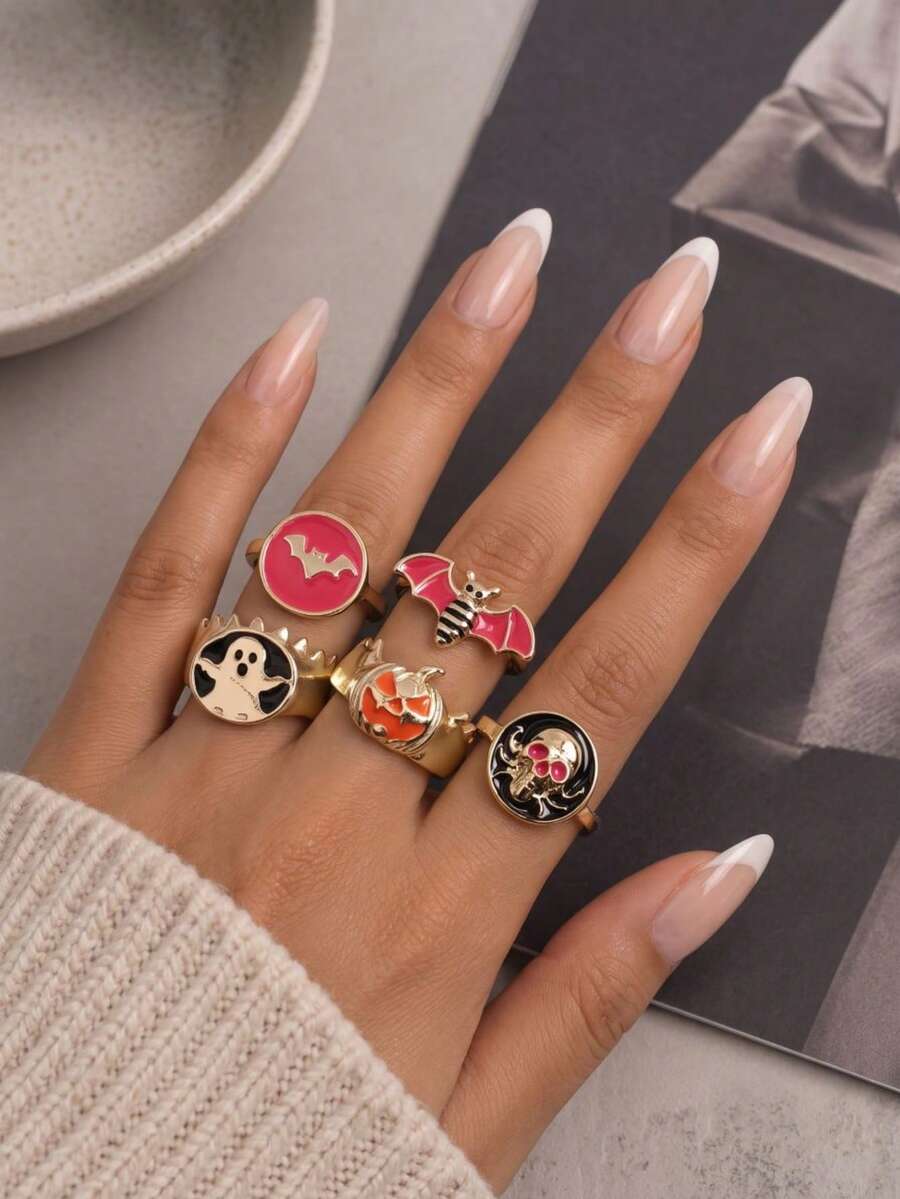 5pcs Gold Halloween Drip Oil Ring Set For Women, Hot Pink Gothic Skull Orange Pumpkin Ghost Bat Stackable Rings, Quirky Party Finger Jewelry - Multicolor - View 1