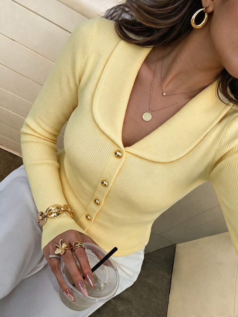 Women's Vintage Yellow Lapel Gold Button Cardigan, Long Sleeve Regular Fit, Suitable For Autumn/Winter - Yellow - View 1