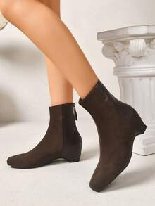 Women's Fashion New Chunky Heel Boots, High-Quality Versatile Premium Side Zipper Front Lace-Up Mid-Calf Boots - Coffee Brown - View 4
