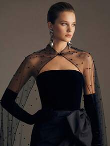 1Pc Black Tulle Cape With Handmade Beads, Long Train Sheer Mesh Cloak, Gothic Wedding Cape For Photoshoot Halloween Party - Multicolor - View 3