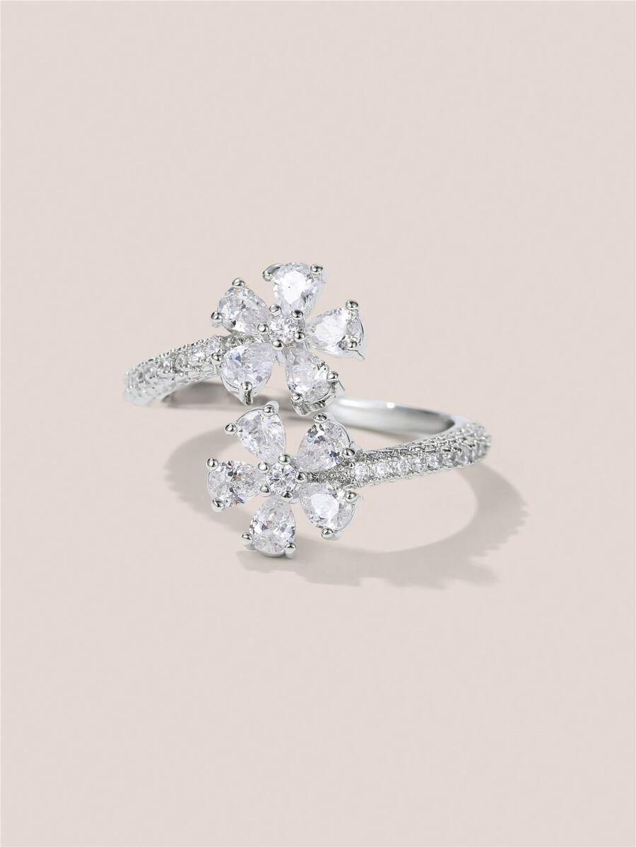 Valisandre 1pc Elegant Flower Ring For Women Cubic Zirconia Openning Flower Ring Wedding Jewelry - Silver - View 1