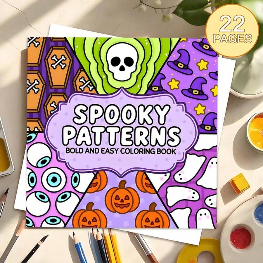 Spooky Patterns Bold And Easy Coloring Book, Halloween Cute Spooky Pattern Coloring Pages For Adults Teens Kids, Large Print Simple Line Art, Stress Relaxation Activity Book, Spooky Season Holiday Gift - Single Piece - View 1