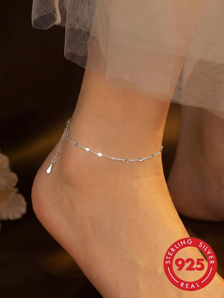 ELSEDES 1pc Fashionable S925 Silver Simple Style Personalized Charming Graceful Chain Anklet For Women's Summer Outfits, Daily Wear & Party Wear Holiday - Silver - View 1