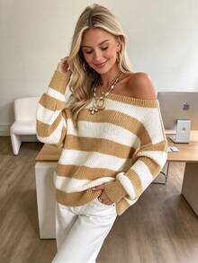 Women's Autumn/Winter Round Neck Cold Shoulder Colorblock Striped Ribbed Sleeve Loose Knit Pullover, Cute Vintage Street Style - Khaki - View 5