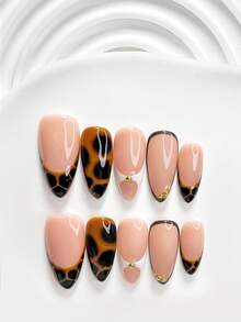 秋季 10片裝 Mailard 風格手工穿戴甲 Polygel 美甲套組，豹紋棕黑配色，簡約風，附美甲工具，3種尺寸可選，方型、短方型、杏仁型，適合派對、舞蹈、日常佩戴（手工細節可能有所不同） - 彩色 - 查看 12