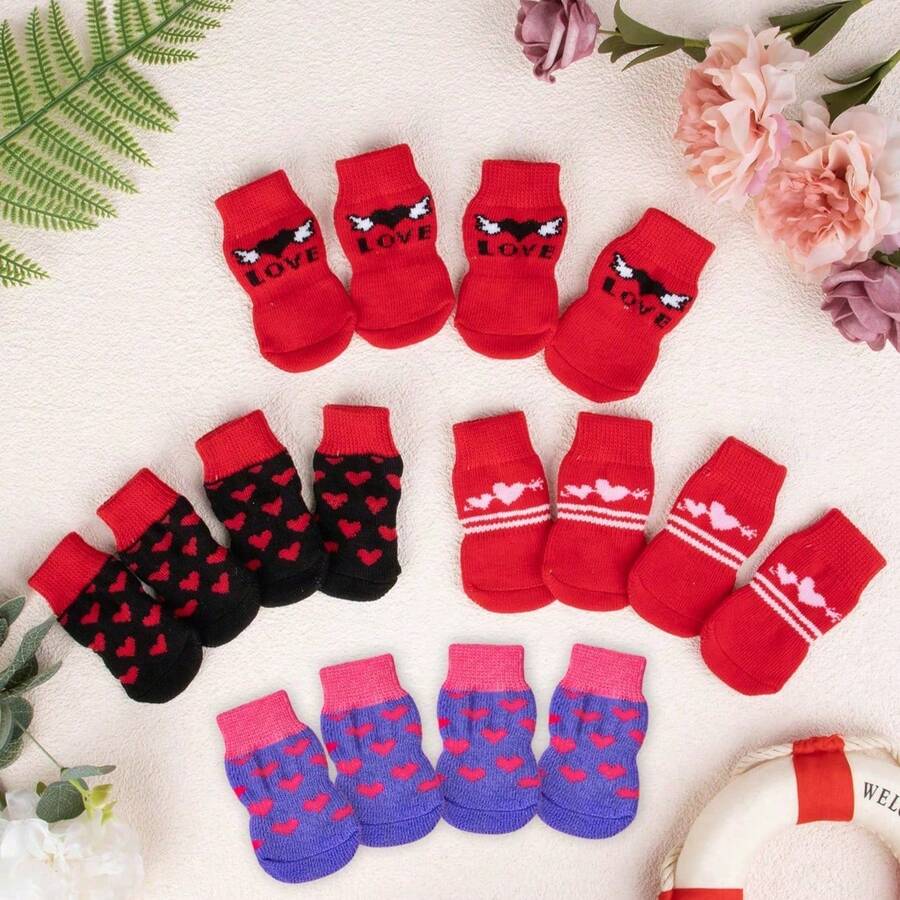 4/8pcs Random Print Pet Anti-Slip Socks, Suitable For Small And Medium Dogs, Anti-Slip, Pet Puppy Anti-Slip Protective Socks - Multicolor - View 1