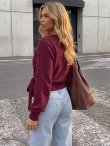 Women's Solid Color V-Neck Long Sleeve Sweater, Suitable For Autumn/Winter Daily Commute, Dating, Travel And Various Occasions - Dark Red - View 6