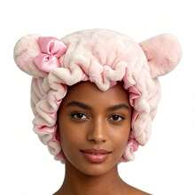 Double Layer Bear Ear Hat Women's Thick Fleece + Satin Hair Protection Sleep Cap - Double-layer Bear Ear Hat - View 7
