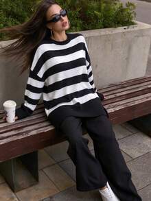 Autumn/Winter Plus Size Women's Fashion Elegant Striped Split Hem Sweater, Suitable For Daily Wear, Dating, Holiday - Multicolor - View 3
