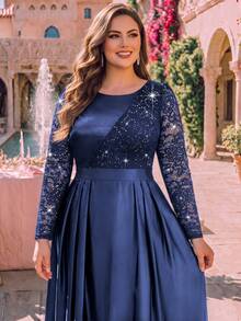 大码女式亮片蕾丝缎面荷叶边优雅舞会礼服，适合舞会、情人节、婚礼宾客、生日、返校节、正式场合、节日等场合的正式礼服 - 藏蓝色 - 查看 6